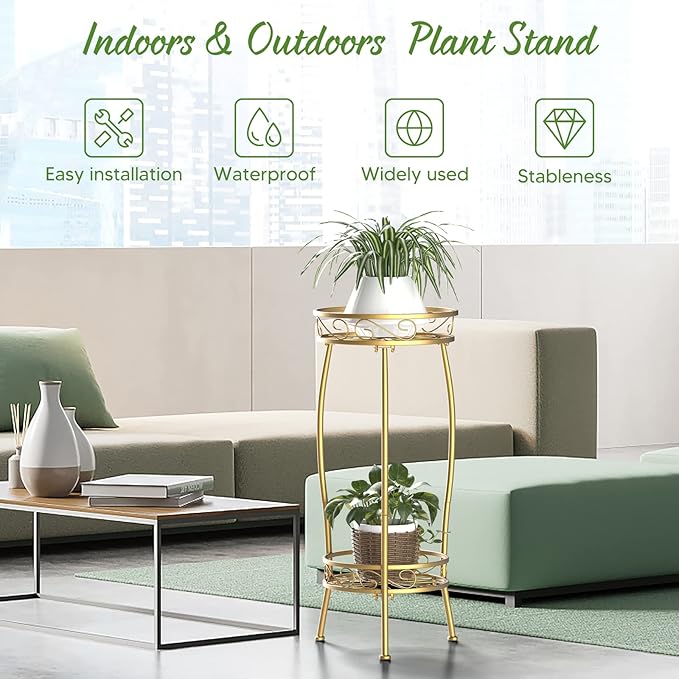H HOMEXIN Plant Stand Indoor- 2 Tier Metal Tall Plant Stand 26.5" Flower Stand Holder Heavy Duty Rustproof Plant Shelf Rack for Corner Garden Patio Lawn Balcony office Outdoor