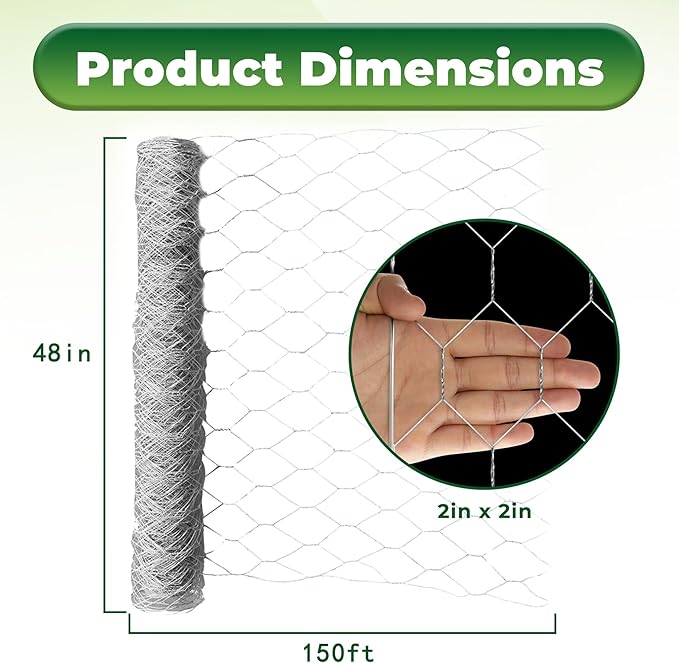 48 in x 150 ft, 2 inch Metal Mesh Pencing, Chicken Wire Fencing, Hexagonal Galvanized Poultry Wire Netting for Chicken, Duck, Goose, Rabbit Fencing