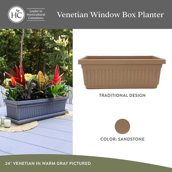 The HC Companies 24 Inch Venetian Window Planter Box with Drainage Plug, Lightweight UV-Resistant Plastic Outdoor Planters, 2-Pack Flower Box for Garden & Home Decor, Sandstone