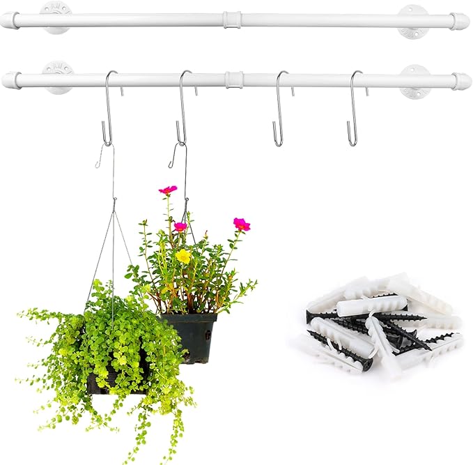 Yoiemivy Hanging Planter Bar with 4 Pcs Hooks White Wall Mount Planter Hanger Rod Minimalist Flowerpot Hanger Metal Plant Hanger for Window Wall Ceiling Herb Garden (White)