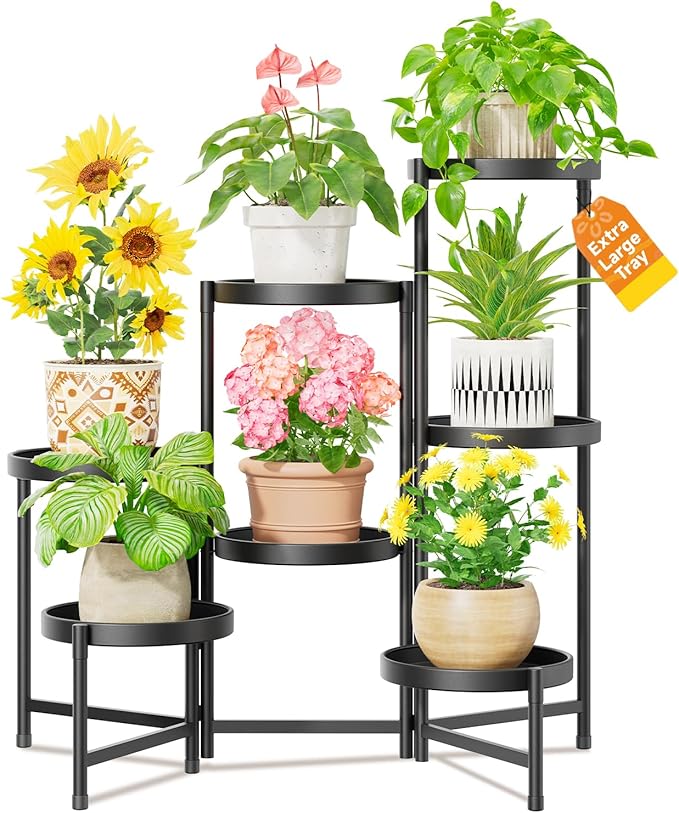 LASZOLA 7 Tiered Folding Plant Stand Indoor for Multiple Large Planter, Tall Heavy Duty Adjustable Rack with Rust Proof 10 Inch Wide Tray, Sturdy Vertical Tree Organizer for Narrow Inside Floor, Black