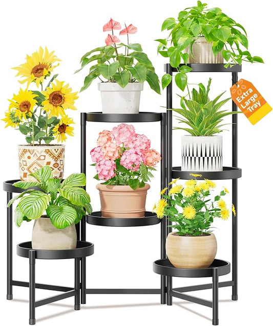 LASZOLA 7 Tiered Folding Plant Stand Indoor for Multiple Large Planter, Tall Heavy Duty Adjustable Rack with Rust Proof 10 Inch Wide Tray, Sturdy Vertical Tree Organizer for Narrow Inside Floor, Black