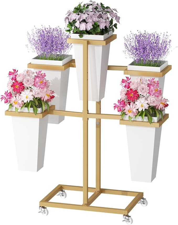 Flower bar Stand with Buckets, Moving Flower display stand with Wheels, Metal Flower cart for Bridal Shower, Wedding, Party, Garden, Gold