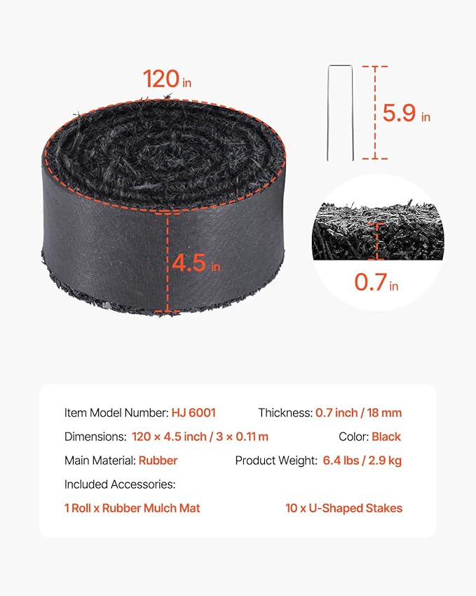 VEVOR Recycled Rubber Mulch Mat 120 x 4.5 in,Permanent Rubber Mulch for Landscaping, Black Mulch Garden Edging Border for Plants, Vegetables & Flower Garden Barrier