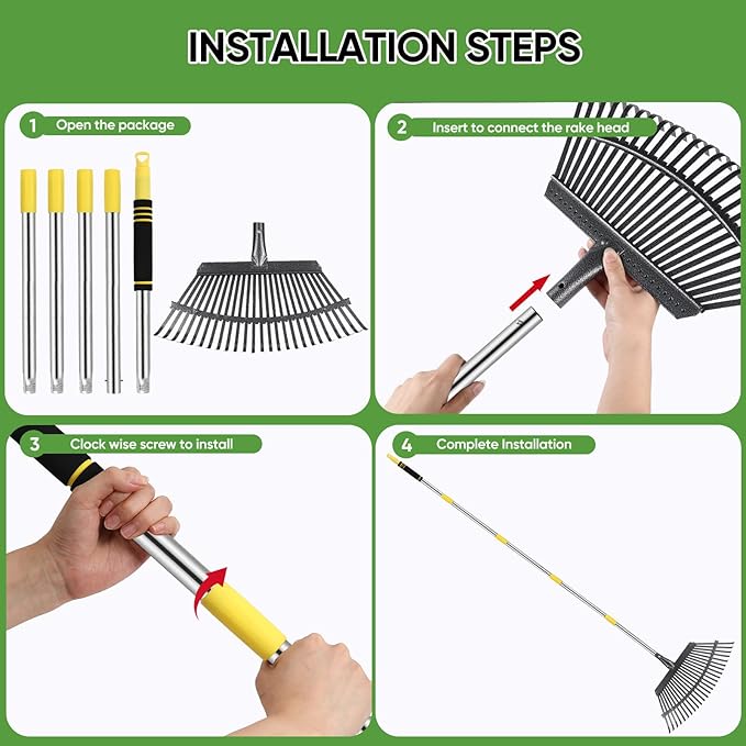 Rake Heavy Duty 6FT Long Garden Rakes , 18.5 Inch Wide Leaf Rake for Lawns, 25 Metal Tines, Adjustable Stainless Steel Handle for Leaves, Yards, Grass, Garbage, Weeds, Debris (Yellow)