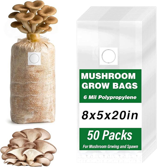 Mushroom Grow Bags, 50 Pack 6 Mil Polypropylene Mushroom Substrate Bags, 8"x5"x20" with Breathable 0.2 Micron Filter Patch, Large Autoclavable Bags for Substrates Strong Tear Resistant