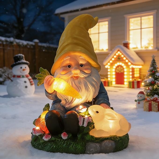 Christmas Gnomes Outdoor Statue Gnome Feeding Rabbit with 6 LED Solar Figurine for Lawn,Patio,Balcony,Yard Decor Unique for Grandfather, Father,Grandma