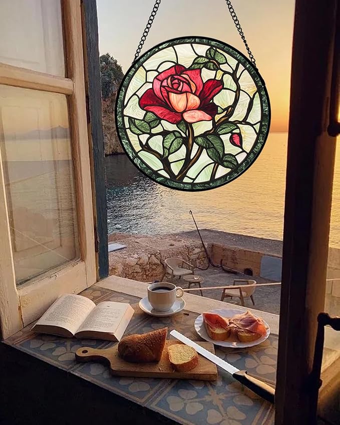 Stained Glass Window Hanging, Red Rose Flowers Sun Catcher for Door Garden Home Decor Suncatcher Christmas Mother's Day Birthday Gifts for Women Lovers Men Wife Girlfriend Mom Nana 15 in