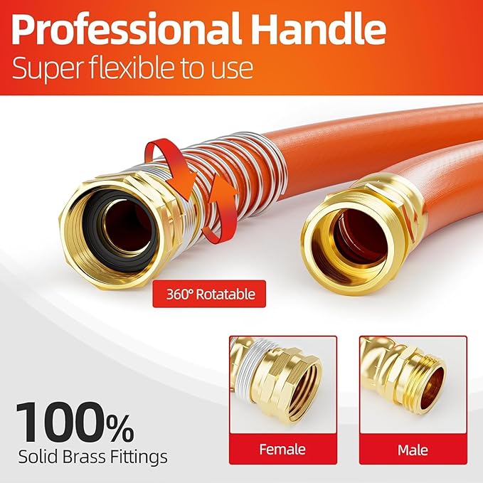 SPECILITE Garden Water Hose 150 ft x 3/4 in Heavy Duty, Flexible and Lightweight, Burst 600 psi, Kink-less Hybrid Rubber Pipe for Backyard, 3/4'' Brass Fittings, Orange