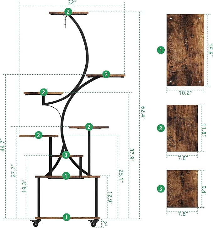 Plant Stand Indoor with Grow Lights, 64" Tall Indoor Plant Stand with Wheels, 8 Tiered Plant Shelf Indoor, Tall Plant Stands Indoor with Pulley for Living Room, Patio