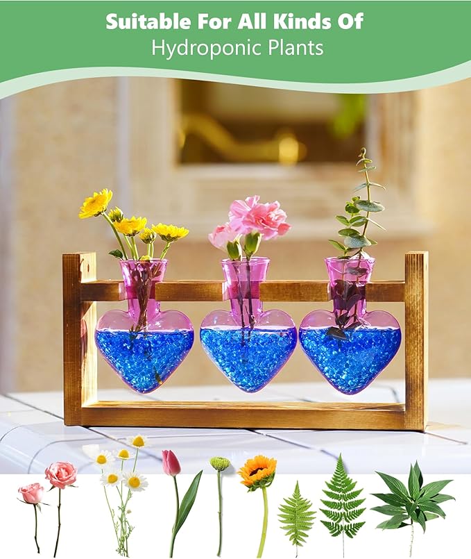 Nacome Plant Terrarium Propagation Stations: Christmas Gifts for Plant Lovers Women Mom Wife - Wooden Stand Tabletop Planter 3 Bulb Glass Vase Heart Shaped for Hydroponics Indoor Home Decor(Purple)