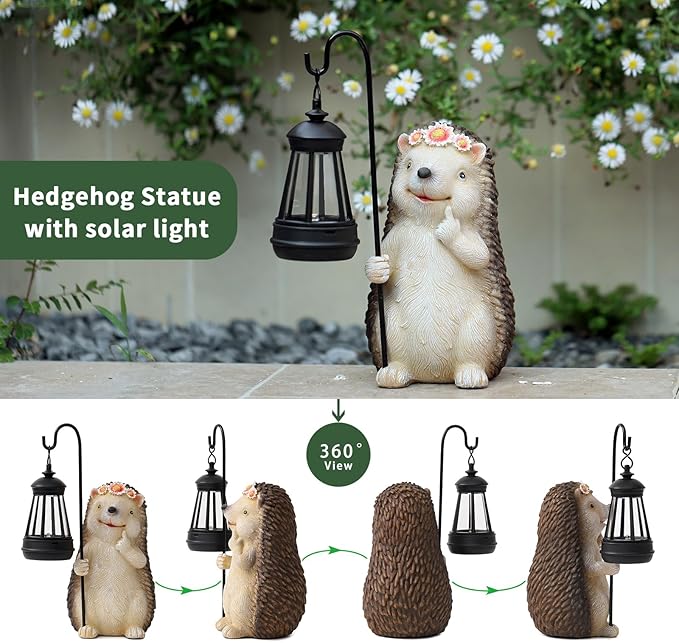 Garden Hedgehog Gnome Statue Decorations - Solar Resin Hedgehog with Solar Garden Lights Outdoor Decorations for Patio,Yard,Lawn,