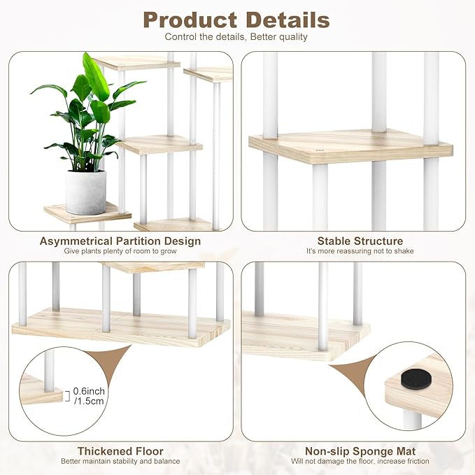 7 Tier Wood Tall Plant Stand Metal Rack Indoor, Multiple Flower Pot Holder Shelves Corner Rack, Planter Shelf Display Rack Storage Organizer for Patio Living Room Balcony Garden(White Oak)