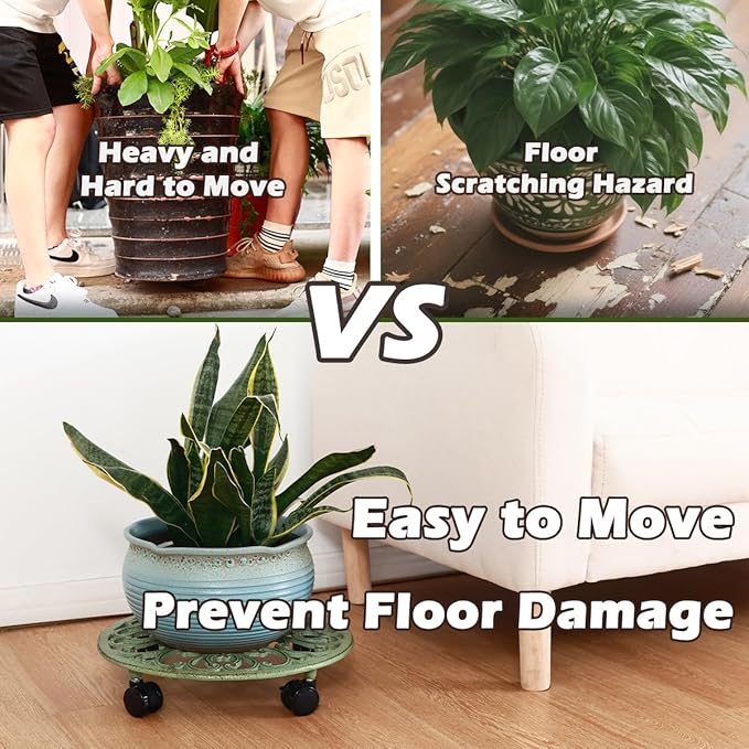 2 Packs 14 Inch Rolling Plant Stand with Wheels Metal Plant Caddy with Wheels Heavy Duty Round Plant Stand Indoor Iron Plants Rollers for Plants, Plant Dolly Retro Green
