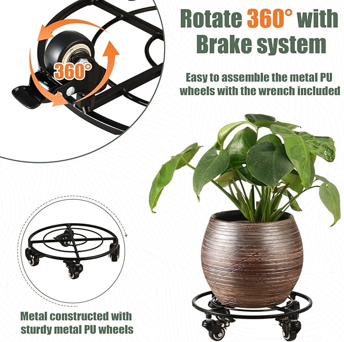 3 Packs Metal Plant Caddy with Wheels 12" Large Rolling Plant Stands Heavy-Duty Wrought Iron Plant Dolly Plant Rollers Planter Mover with Metal Casters, Strong Load Capacity