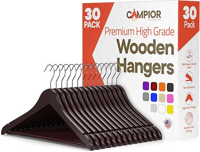 Cherry Wooden Hangers 30 Pack – Heavy-Duty with 360° Swivel Hook, Non-Slip, Pants Bar & Shoulder Grooves - Wooden Hangers for Suits, Jackets, Dresses & Camisoles, Space-Saving and Smooth Finish
