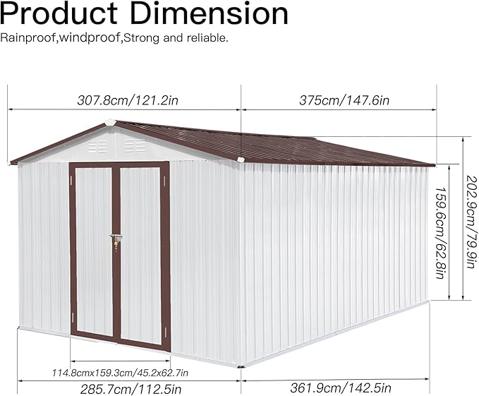 10x12 FT Storage Shed,Metal Aluminum Garden Shed,with Punched Vents,Waterproof Cabinet w/Hinged Door and Padlock,Tool House for Storing Bicycles,Lawnmowers,Barbeques,White+Coffee