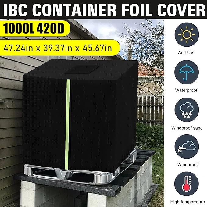 IBC Tote Cover for 275 Gallon (1000L), Outdoor IBC Ton Barrel Cover,Rain Barrel Cover,Water Tank Protective Covers, Waterproof ,420D Oxford Black, 47.3*45.7*39.4inch