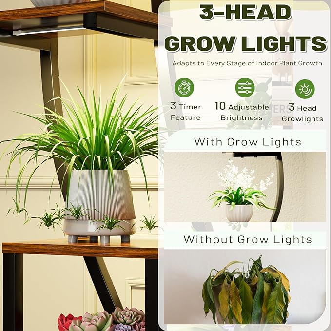 Plant Stand Indoor with Grow Lights, 2 Pack 63" Tall Corner Plant Shelf with Hook, Plant Shelving Rack Organizer with Adjustable Brightness & Timer, Tiered Metal Plant Flower Holder for Home, Patio
