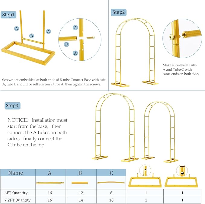 7.2FT 6FT Wedding Arch Backdrop Stand Set of 2,Metal Gold Garden Arch Trellis for climbing Plants Outdoor for Flower Arch Archway,Balloon Arch kit Stand for Party Event Background Decoration
