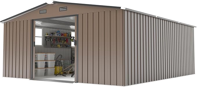 10x12 FT Outdoor Storage Shed, Extra Large Metal Shed with Lockable Doors,Vent & 2 Windows, All-Weather Tool Shed Storage House for Backyard,Garden,Patio, Lawn, Brown
