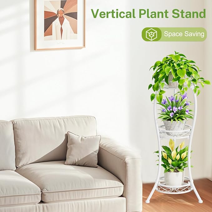iDavosic.ly 3 Tier Tall Metal Plant Stand Indoor Outdoor, Wrought Iron Corner Flower Pot Holder Shelf, 34 Inch Vertical Display Rack for Patio Porch Living Room Garden, White