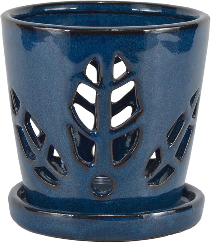 W&W Orchid Pot with Holes and Saucer for Repotting, 5.5 Inches, Blue