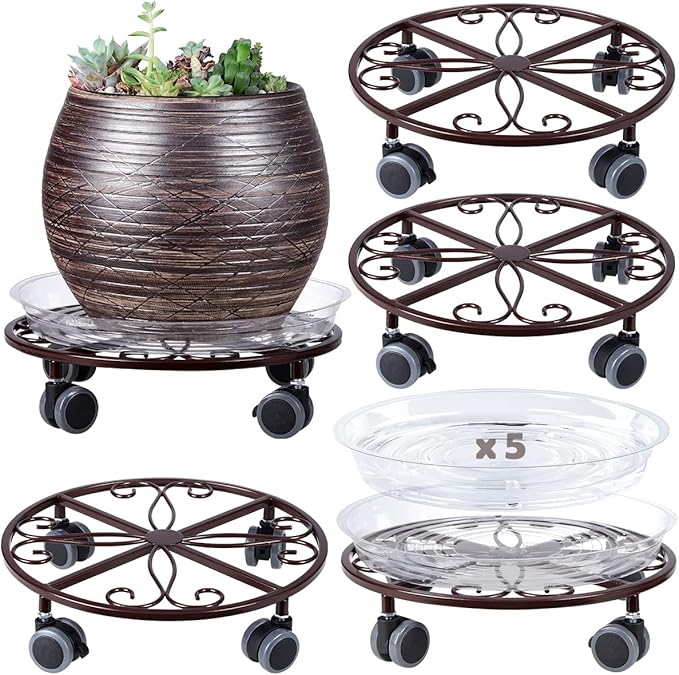 5 Pack Plant Caddy with Wheels Heavy Duty 13.5 Inches Metal Plant Stand with Wheels Plant Dolly Rolling Plant Stand Plant Roller with Casters for Indoor and Outdoor, Bronze
