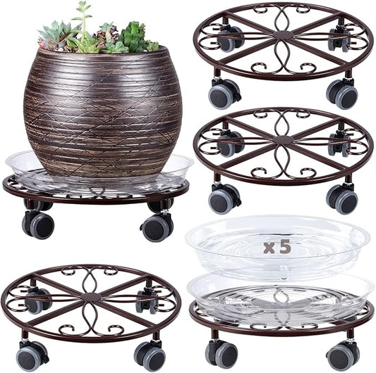 5 Pack Plant Caddy with Wheels Heavy Duty 13.5 Inches Metal Plant Stand with Wheels Plant Dolly Rolling Plant Stand Plant Roller with Casters for Indoor and Outdoor, Bronze