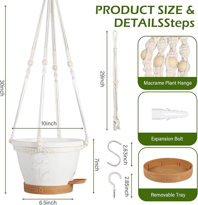 3 Pack Hanging Baskets Set, Hanging Planters for Indoor & Outdoor Plants, Self-Watering Hanging Pots with Removable Tray&Drainage Holes, Flower Pots for Home Garden Decor 10 Inch (White)