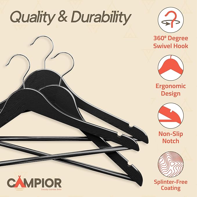 Black Wooden Hangers 60 Pack – Heavy-Duty with 360° Swivel Hook, Non-Slip, Pants Bar & Shoulder Grooves - Wooden Hangers for Suits, Jackets, Dresses & Camisoles, Space-Saving and Smooth Finish