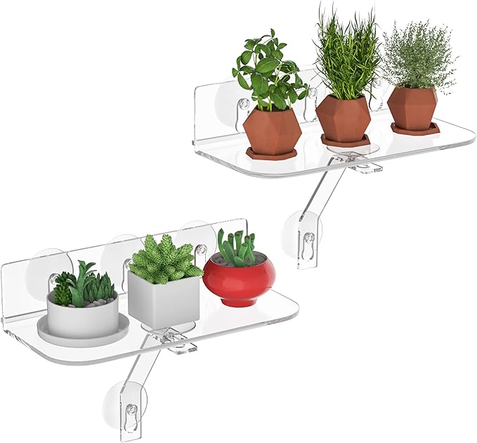 Clear Acrylic Windows Plant Shelves, 12 Inch Window Plant Stand with Legs, No Need Drilling Indoor Windows Suction Cup Shelf Wall Shelf for Plants, Home Décor, Toiletries(2 Pack)