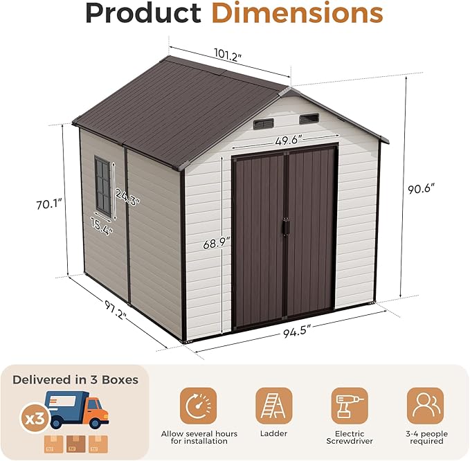 CDCASA 8x8 FT Resin Storage Shed, Waterproof Outside Plastic Storage Sheds with Floor, Adjustable Openable Windows, Lockable Door for Garden Patio Lawn, Brown & Beige