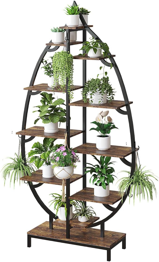 VINGLI 63″ Leaf-Shaped 10-Tier Metal Plant Stand with 5 Full-Spectrum LED Grow Lights, Tall Indoor Tiered Plant Shelf for Multiple Plants, Decorative & Functional Rack, Black