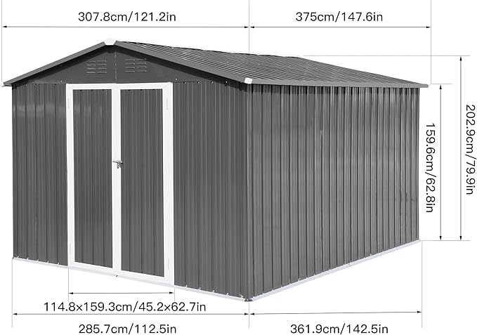 10x12 FT Sheds & Outdoor Storage,Metal Aluminum Garden Shed,with Punched Vents,Waterproof Cabinet w/Hinged Door and Padlock,Tool House for Storing Bicycles,Lawnmowers,Barbeques,Grey