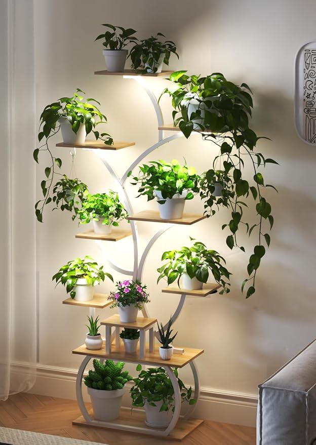 VINGLI 61" Tall White Plant Stand with Grow Light, 10-Tier LED Lighted Plant Shelf, Indoor Plant Rack with Full-Spectrum Grow Lights, Tree-Shaped Metal Plant Stand for Living Room, Balcony
