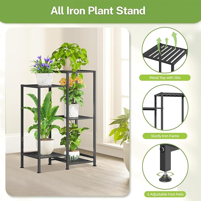 iDavosic.ly Indoor Plant Stand with Grow Light, Metal 5 Tier Corner Flower Holder Shelf Outdoor for Large Pots, Tall Rack for Patio Porch Balcony Living Room, Black