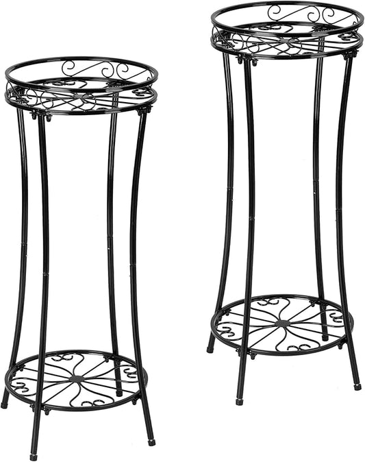 Plant Stand Indoor Outdoor 2 Tier 29" Tall Metal Heavy Duty Rustproof Plant Shelf, Round Multi Tier Flower Pot Holder for Garden Patio Balcony, Black (Black set of 2)