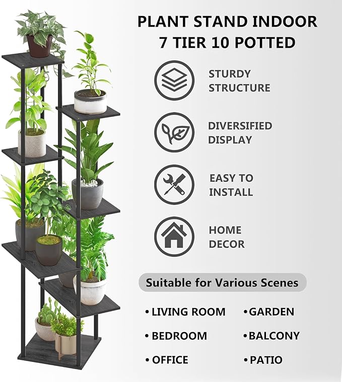 Tall Plant Stand Indoor, 7-Tier Modern Plant Shelf for Multiple Plants, Wood Metal Flower Holder for Living Room Balcony Bedroom, Black