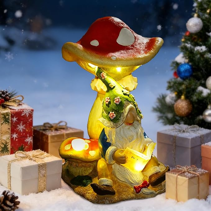 Christmas Gnomes Outdoor Statue Gnome Reading Under Mushroom with 5 LED Solar Figurine for Lawn,Patio,Balcony,Yard Decor Unique for Grandfather, Father,Grandma,Wen
