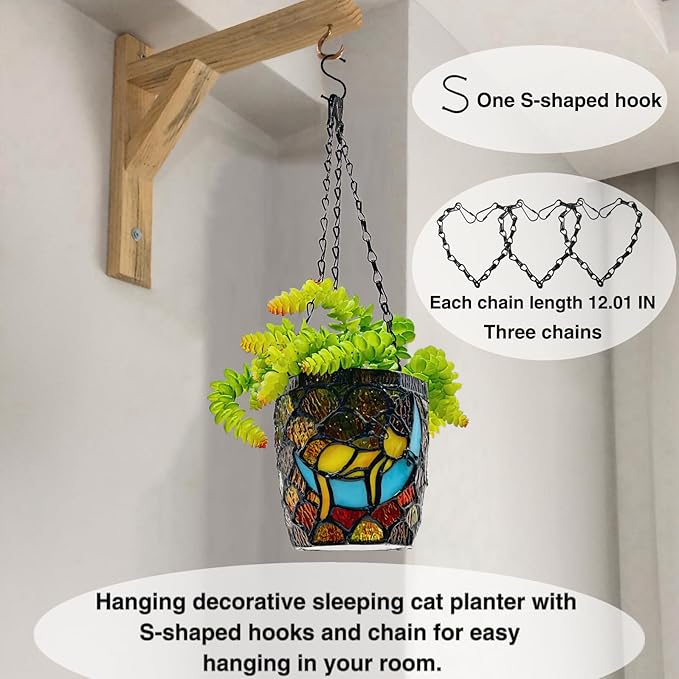 Stained Glass Hanging Cat Planter Pot, Orange Sleeping Cat Small Hanging Plant Pots Indoor, Blue Moon Flower Pot Plant Gifts4.7x4.5 in