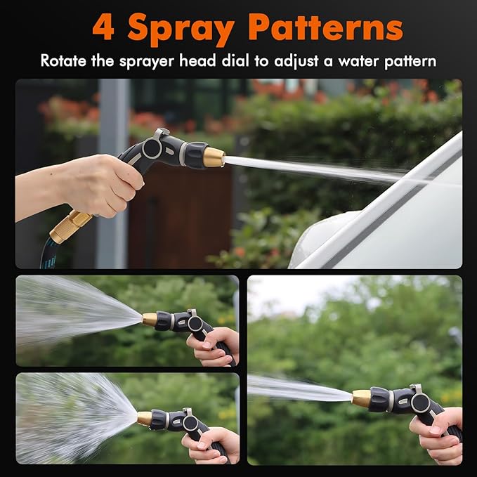 RESTMO High Pressure Hose Nozzle Sprayer, Heavy Duty Brass Head, Metal Water Hose Nozzle for Car Washing, Garden Cleaning, Lawn and Plant Watering, Adjustable Thumb Flow Control, 4 Spray Patterns