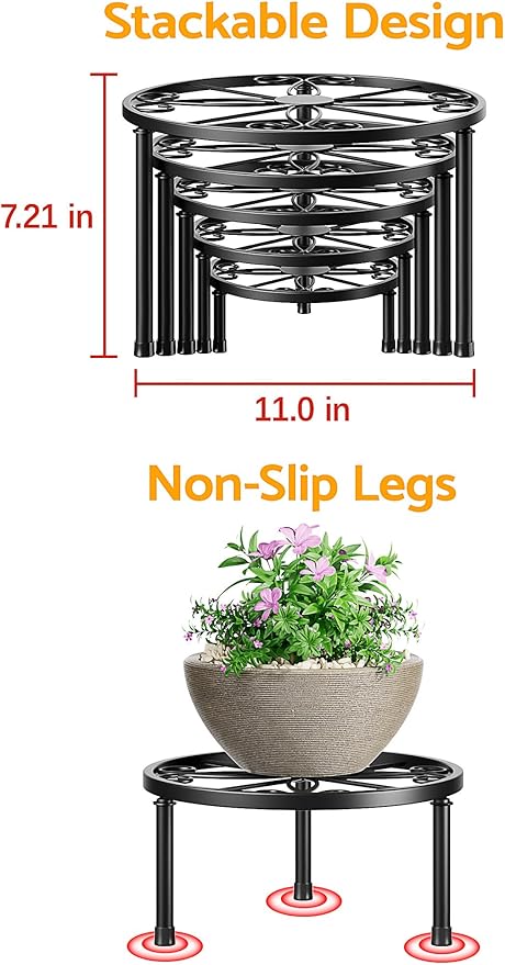 5-Pack Metal Plant Stand Indoor Outdoor,Plant Stands for Patio,Rustproof Iron Garden Container Round Supports Rack for Planter,Heavy Duty Flower Pots Holder for Home(DarkGreenKite