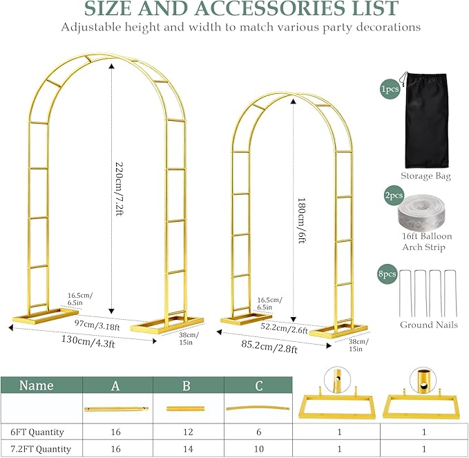 Arch Backdrop Stand 7.2FT, 6FT Set of 2, Metal Pergola Arbor Garden Arch Trellis for Climbing Plants Outdoor for Various Climbing Plant,Gold Balloon Arch kit Stand for Party Decoration
