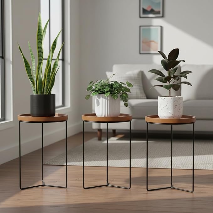 Indoor Metal Plant Stands with Wooden Tops, Holds Pots up to 12" Diameter, 120 lb Capacity Each - 9" Wood Top Plant Stand - 3-Pack