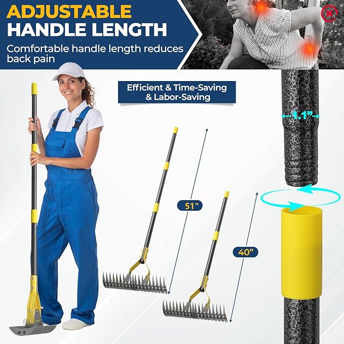 Rake, 51" Heavy Duty Metal Dethatcher Rake with 15" Wide Double-Edged Sharp Tines Thatch Rakes for Lawns,Dead Grass Removal,Soil Loosening,Lawn Care, Dethatching,Yard,Garden