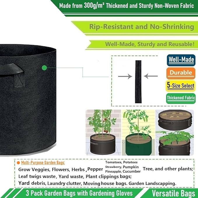 3-Pack 30 Gallon Thickened Plant Grow Bags Large (24x16 in) Heavy Duty Garden Bag Fabric Plant Pots for Tomato,Potato Planter,Flower Pots,Herbs Veggies Planting,Barrel Planter,Yard Waste Bag,Leaf Bags