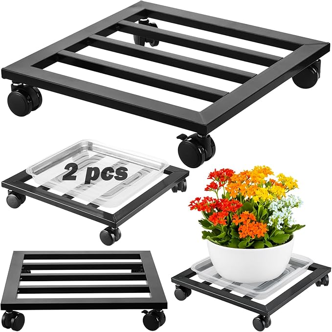 2 Packs 13.6 inches Large Metal Plant Caddy with PU Wheels Square Planter Dolly Pot Mover Rollers Wrought Iron Rolling Plant Stands Indoor Outdoor Plant Holder Coaster Trolley, Black