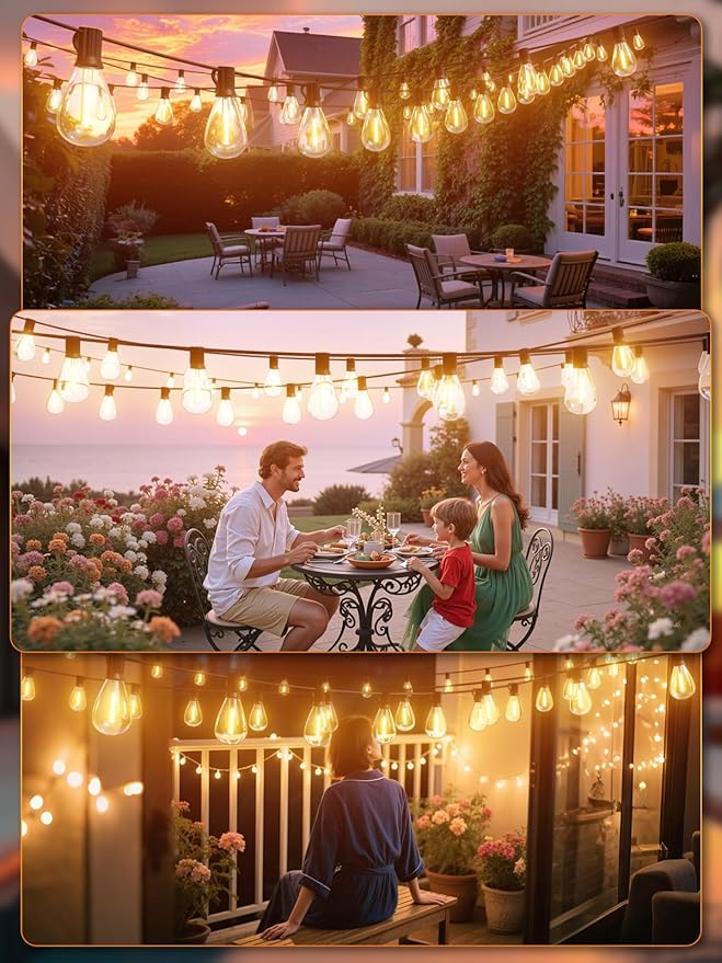 luckystyle 100FT LED Outdoor String Lights with Remote, 35+ 1 Shatterproof Bulbs Waterproof and Dimmable Patio Lights for Porch, Garden, Backyard, Deck, Balcony, 2200K Hanging Lighting