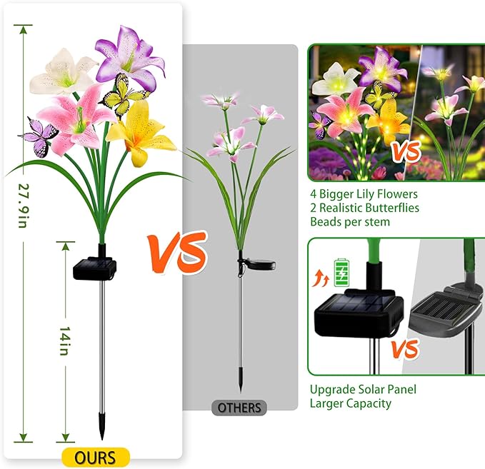 Solar Garden Lights 4 Pack 16 Lily Flowers with Butterfly Decor, Christmas Birthday Gifts Solar Flower Lights for Outside,Cemetery Flowers for Grave - Decorative Lilies for Yard, Patio, Pathway